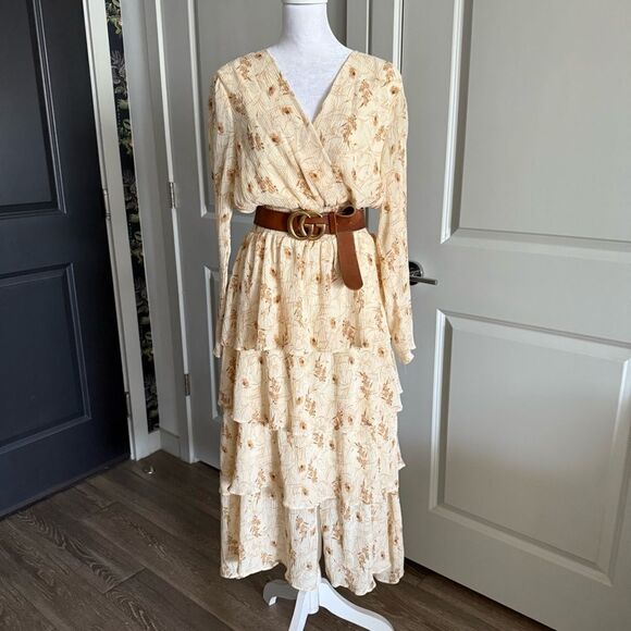 Grade & Gather Dresses & Skirts - Grade & Gather Micro-Pleated Neutral Floral Print Wrapped Midi Dress Size S